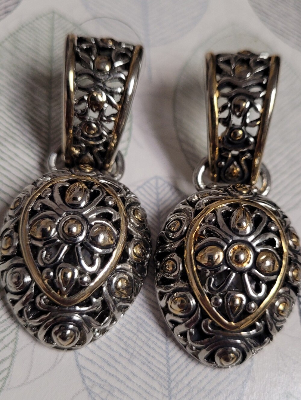 Intricate Two-Tone Floral Drop Earrings - Silver & Gold
